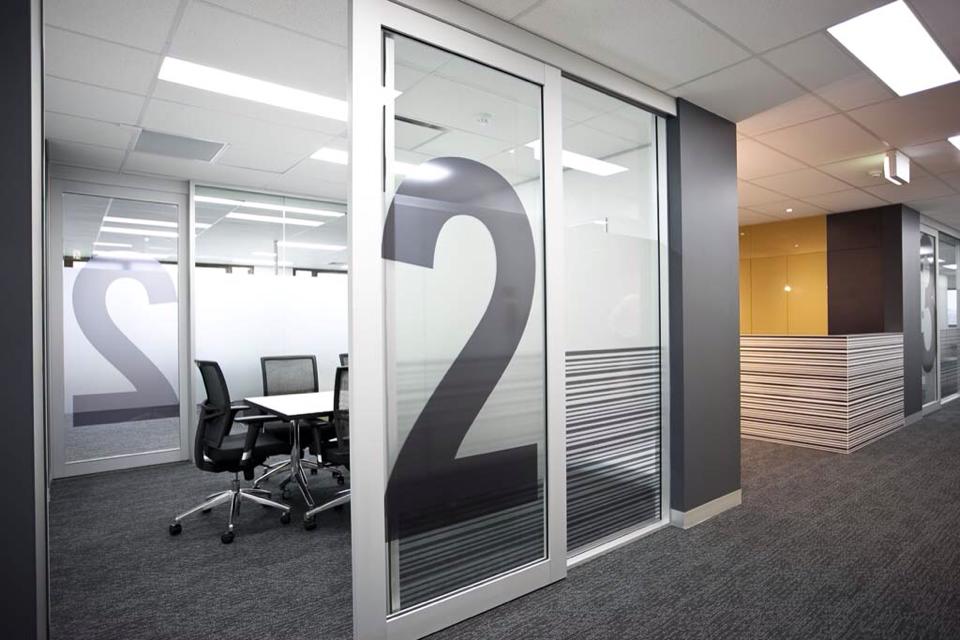 office partition with window film on the glass